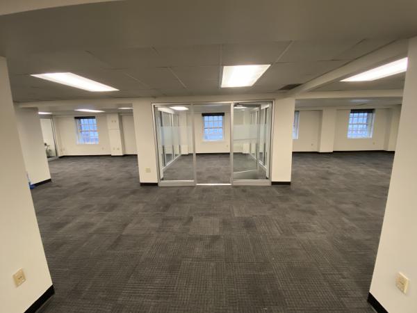 Open office space with glass enclosed room