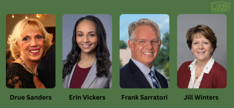 Headshots of the four new board members on a green background