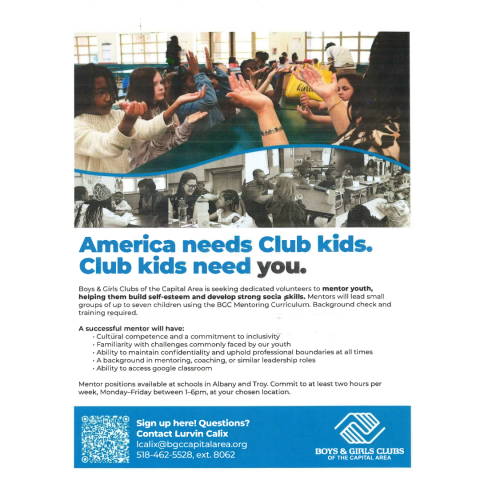 The Boys & Girls Clubs of the Capital Area are looking for Youth Mentos in Albany and Troy