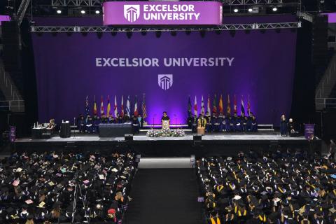 A view of the stage at the MVP Arena from Excelsior University's 2025 Commencement ceremony. 