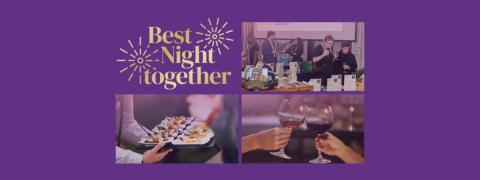 On a purple background, four images are centered and stacked two by two. At top left is text in gold font reading Best Night together with firework-type graphics; at top right people stand behind tables looking at silent auction items, at bottom left, a tray of plates holding appetizers is held out in front of a waitress; at bottom right two hands are shown holding wine glasses as they cheers. The glass on the left has white wine and the glass on the right has red wine.
